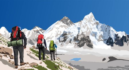 Mount Everest und Nuptse vom Kala Patthar aus gesehen mit drei Wanderern, Vektorillustration, Mt Everest 8.848 m, Khumbu-Tal, nepalesisches Himalaya-Gebirge