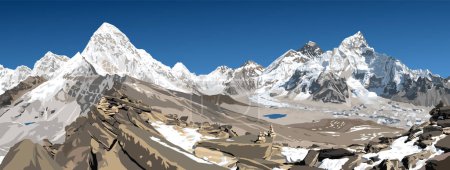 mount Everest, Pumori peak and Mt Nuptse from Nepal side as seen from Kala Patthar peak, vector illustration,  Khumbu valley and glacier, Sagarmatha national park, Nepal Himalaya mountain