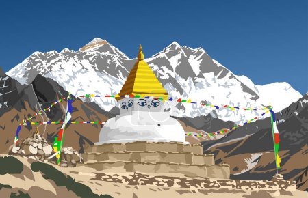 Stupa avec drapeaux de prière et sommet du mont Everest et Lhotse, chemin vers le camp de base du mont Everest, Népal Himalaya montagnes, illustration vectorielle