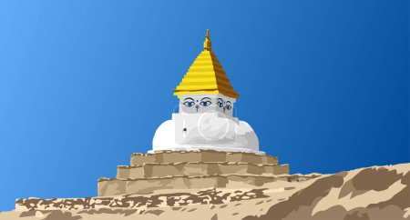 Buddhist stupa or chorten isolated on blue sky background, Buddhism in Nepal, made according to stupa near Dingboche village, Khumbu valley near mount Everest
