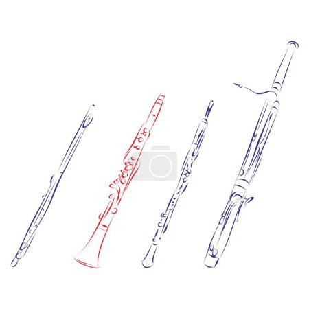 Illustration for Hand drawn, vector illustration of the wood music instruments family: flute, clarinet, oboe, bassoon - Royalty Free Image
