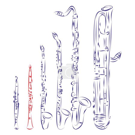 Téléchargez les illustrations : Illustration vectorielle de la famille d'instruments pour clarinette dessinée à la main - en licence libre de droit