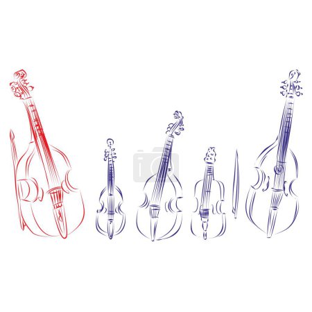 Illustration for Continuous line drawing of double bass and early music bowed string instruments, isolated on white background. Hand drawn, vector illustration music concept - Royalty Free Image