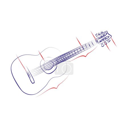 Téléchargez les illustrations : Dessin en ligne continu d'une guitare classique, avec des indicateurs de composants. Illustration vectorielle dessinée à la main concept musical - en licence libre de droit