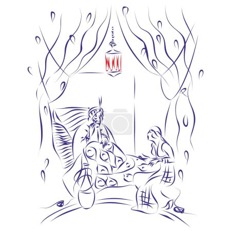 Illustration for Continuous line drawing of Arabian 1001 Nights Sheherazade telling a story to the vizier. Hand drawn, vector illustration - Royalty Free Image