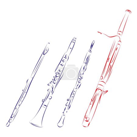 Illustration for Continuous line drawing of a bassoon with the wood wind instruments family, isolated on white. Hand drawn, vector illustration - Royalty Free Image
