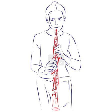 Illustration for Continuous line drawing of a young woman playing the oboe, isolated on white. Hand drawn, vector illustration - Royalty Free Image