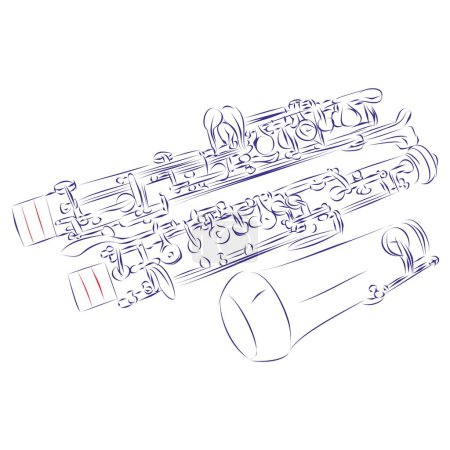 Illustration for Continuous line drawing of the oboe parts, isolated on white. Hand drawn, vector illustration - Royalty Free Image