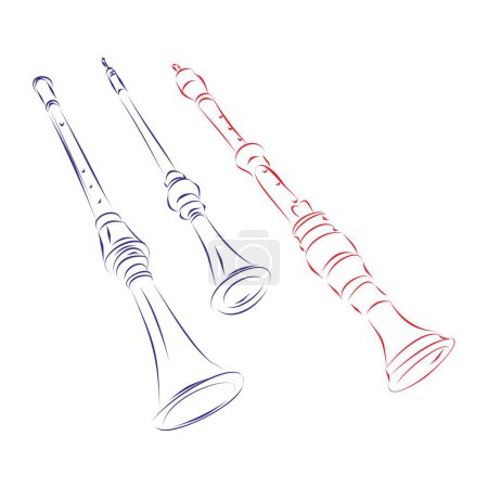 Illustration for Continuous line drawing of three types of shawm, the ancestor of oboe, isolated on white. Hand drawn, vector illustration - Royalty Free Image