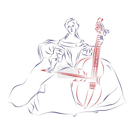 Illustration for Continuous line drawing of a young woman playing the viola da gamba in renaissance dress, isolated on white. Hand drawn, vector illustration - Royalty Free Image