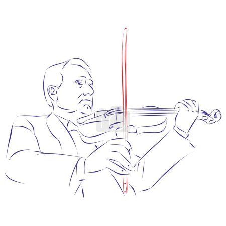 Téléchargez les illustrations : Dessin au trait continu d'un homme jouant un violon moderne, isolé sur blanc. Dessiné à la main, illustration vectorielle - en licence libre de droit