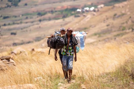 Téléchargez les photos : Montagnes Andringitra, Madagascar - 15 novembre 2022 : Un portier malgache porte des effets personnels pour les touristes pendus à un bâton primitif sur le dos. C'est un travail acharné et le dévouement de ces porteurs. - en image libre de droit