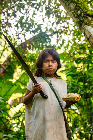 Photo for Tayrona, Magdalena, Colombia - September 21 2023: Indigenous Koguis boy in the road to Ciudad Perdida, Magdalena, Sierra Nevada de Santa Marta, Colombia - Royalty Free Image