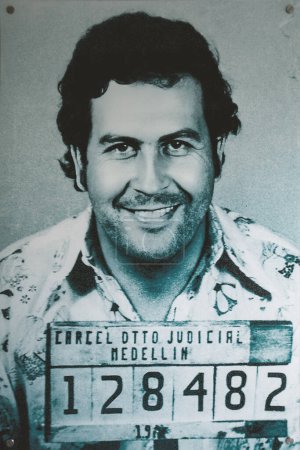 Photo for Medellin, Colombia - December 9, 2023: Police photo of rested famous drug dealer Pablo Escobar in Open-air museum. - Royalty Free Image
