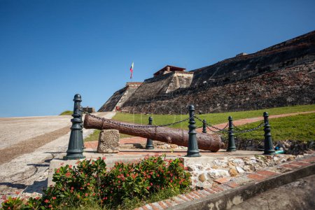 Canon in Castillo San Felipe de Barajas, fortress in the strategic location of Cartagena de Indias city on the Caribbean coast of Colombia.