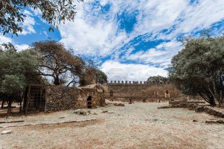 Royal Fasil Ghebbi palace, Gondar fortress-city, Ethiopia. Founded by Emperor Fasilides. Imperial palace castle complex is called Camelot of Africa. African architecture. UNESCO World Heritage Site.