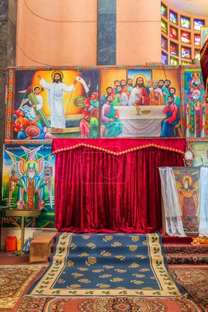 Interior de Debre Libanos, monasterio en Etiopía, que se encuentra al noroeste de Addis Abeba en la Zona Semien Shewa de la Región de Oromia. Fundada en el siglo XIII por San Tekle Haymanot. Etiopía África