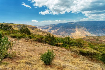 hills panorama of beautiful Semien or Simien Mountains National Park landscape in Northern Ethiopia near Debre Libanos. Africa wilderness