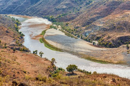 Beautiful mountain landscape with canyon and river Blue Nile, Amhara Region. Ethiopia wilderness landscape, Africa.
