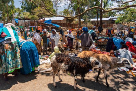 Photo for DEBRE LIBANOS, ETHIOPIA - APRIL 19, 2019: Unidentified Ethiopian woman sell fruit and vegetables at a street market, Debre Libanos Cathedral on April 19. 2019 in Debre Libanos, Oromia Region Ethiopia - Royalty Free Image