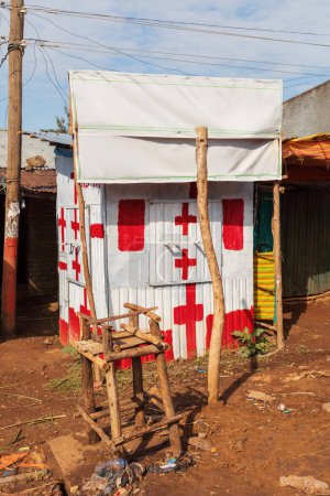 Äthiopische Hütte in der Amhara-Region als Erste-Hilfe-Station. Dembecha-Stadt Amhara-Region. Äthiopien