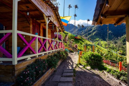 Entertainment center in Valle del Cocora Valley with tall wax palm trees. Salento, Quindio department. Colombia travel destination.