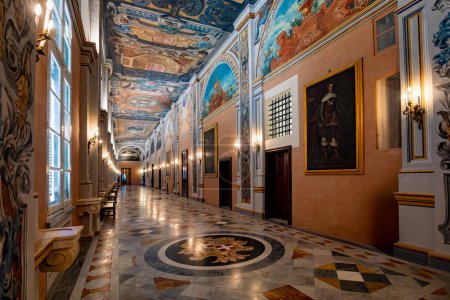 Interior of historic Grandmaster's Palace hall with impressive architectural details and traditional Maltese painting in Valletta. Cultural heritage of Malta
