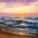 Original  oil painting of beautiful golden sunset over ocean beach on canvas.Modern Impressionism, modernism,marinis