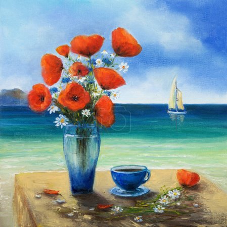Téléchargez les photos : Peinture à l'huile originale de beau vase ou bol de fleurs fraîches. Opium coquelicot (Papaver somniferum) et marguerites devant se - en image libre de droit