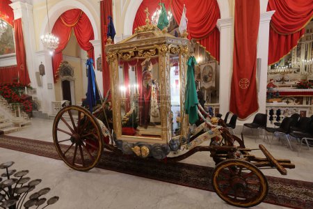Photo for CAGLIARI, Italy - May 1, 2023: Festival of Sant'Efisio in Cagliari, Sardinia. The statue of Saint Effisio in Church of Sant'Efisio, figure placed in the carriage, ready for the procession - Royalty Free Image