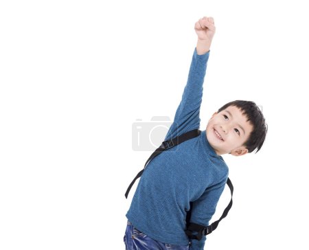 Photo for Happy asian little boy student raising hand - Royalty Free Image