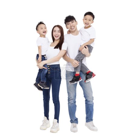 Foto de Happy Asian family standing together on white background - Imagen libre de derechos