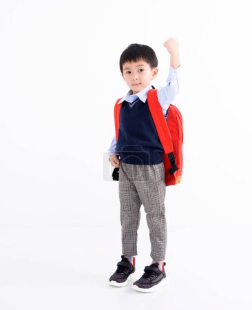 Photo for Adorable asian kid  wearing student backpack  isolated on white - Royalty Free Image