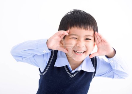 Photo for Happy child hand at forehead looking far away distance isolated on white background - Royalty Free Image