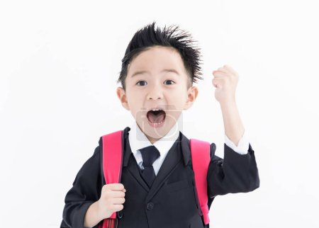 Photo for Excited Boy in student uniform isolated on white background - Royalty Free Image
