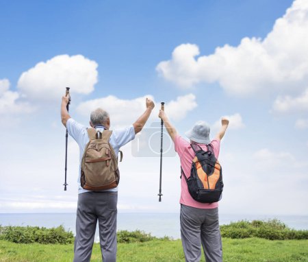 Téléchargez les photos : Vue arrière du couple Happy Senior marchant ensemble sur la montagne et la côte - en image libre de droit