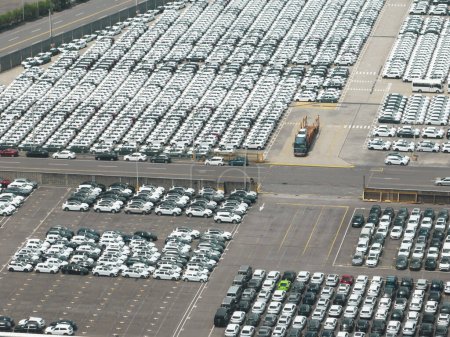 Photo for Aerial view of New car lined up in the port for import export around the world. - Royalty Free Image