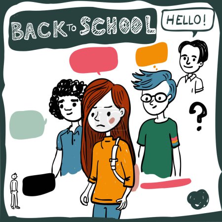 Illustration for Three diverse teens coming back to school or college in colored hand-drawn sketchnote style. Vector illustration with white background. - Royalty Free Image