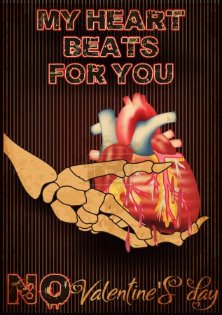 Photo for Skeleton hand holding a heart, Anti Valentines day card, My heart beats for you. vector illustration - Royalty Free Image