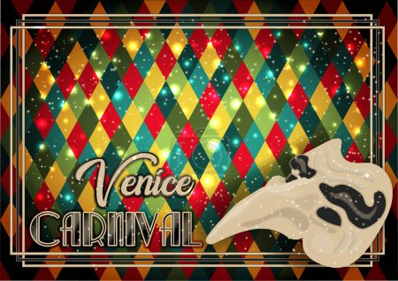 Illustration for Venice mask Zanni with big nose, invitation background in art deco style , vector illustration - Royalty Free Image