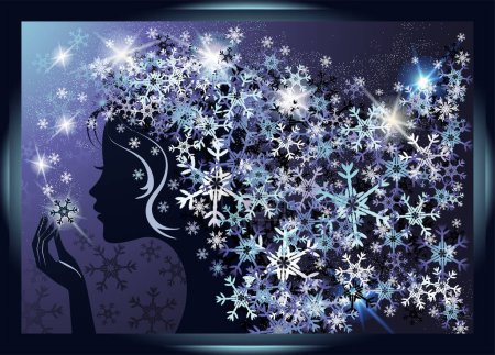 Ilustración de Winter time holiday card with young girl and snowflakes, vector illustration - Imagen libre de derechos
