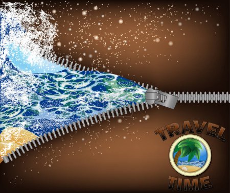 Téléchargez les illustrations : Travel Time greeting card with zipper and sea wave, vector illustration - en licence libre de droit