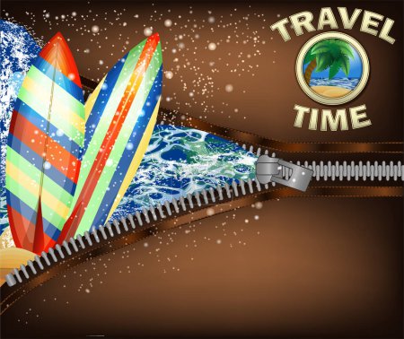 Téléchargez les illustrations : Travel Time vip card with zipper and surfoard, vector illustration - en licence libre de droit