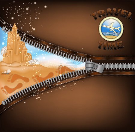 Téléchargez les illustrations : Travel Time congratulation card with zipper and sand castle, vector illustration - en licence libre de droit