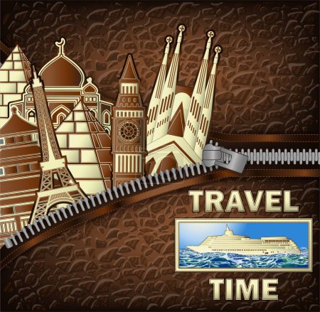 Téléchargez les illustrations : Travel Time invitation card with zipper and city monuments, vector illustration - en licence libre de droit