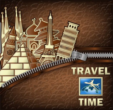 Téléchargez les illustrations : Travel Time vip card with zipper and city monuments, vector illustration - en licence libre de droit