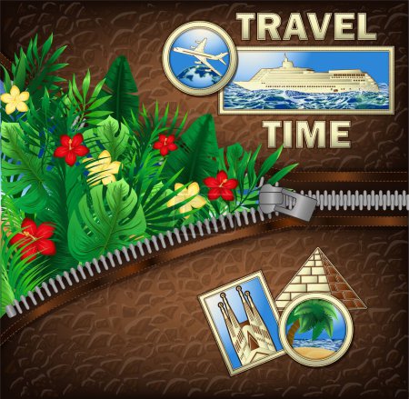 Téléchargez les illustrations : Travel Time vip card with zipper and tropical flowers, vector illustration - en licence libre de droit