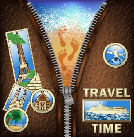 Téléchargez les illustrations : Travel Time invitation card with zipper and sand footprint, vector illustration - en licence libre de droit