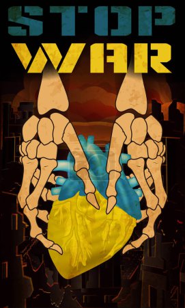 Illustration for Stop War card, skeleton hands squeezing Ukrainian heart. vector illustration - Royalty Free Image