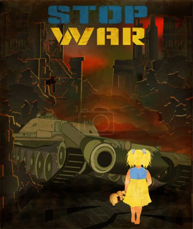 Ilustración de Stop War background, tank shoots at a Ukrainian girl. vector illustration - Imagen libre de derechos